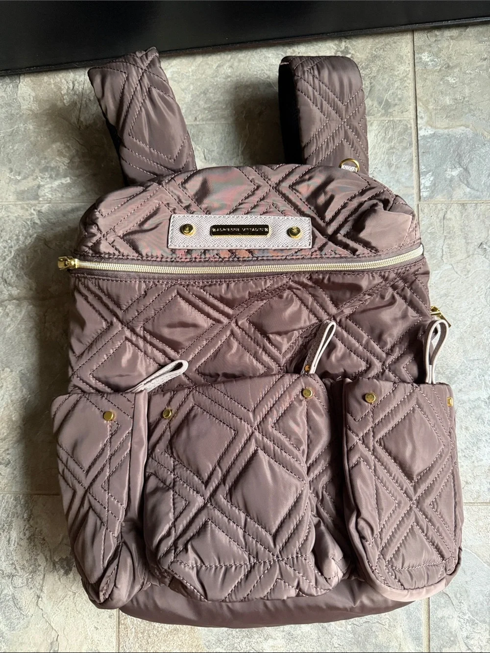 Adrienne Vittadini Quilted Brown Nylon Backpack with Gold Hardware
